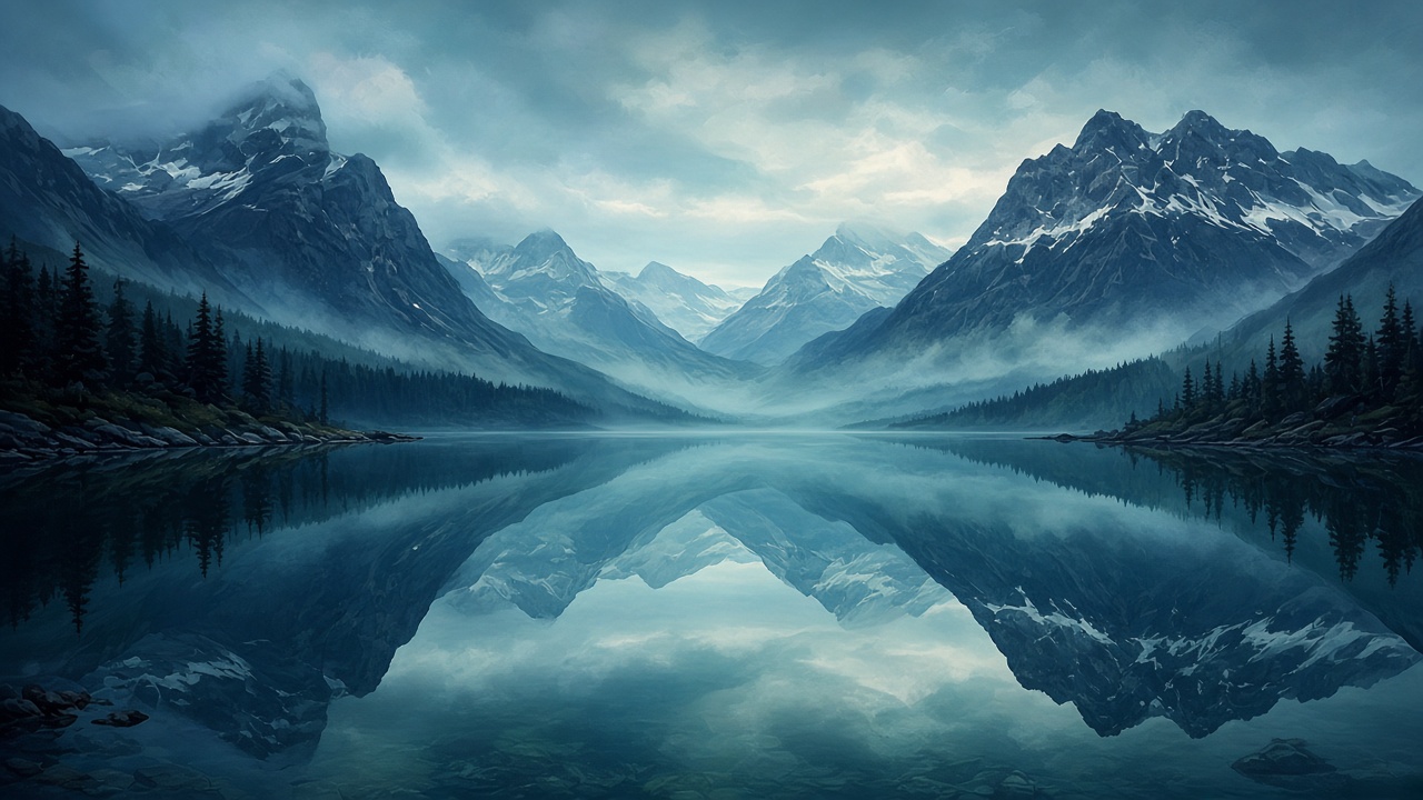Still mountain lake at level dawn light